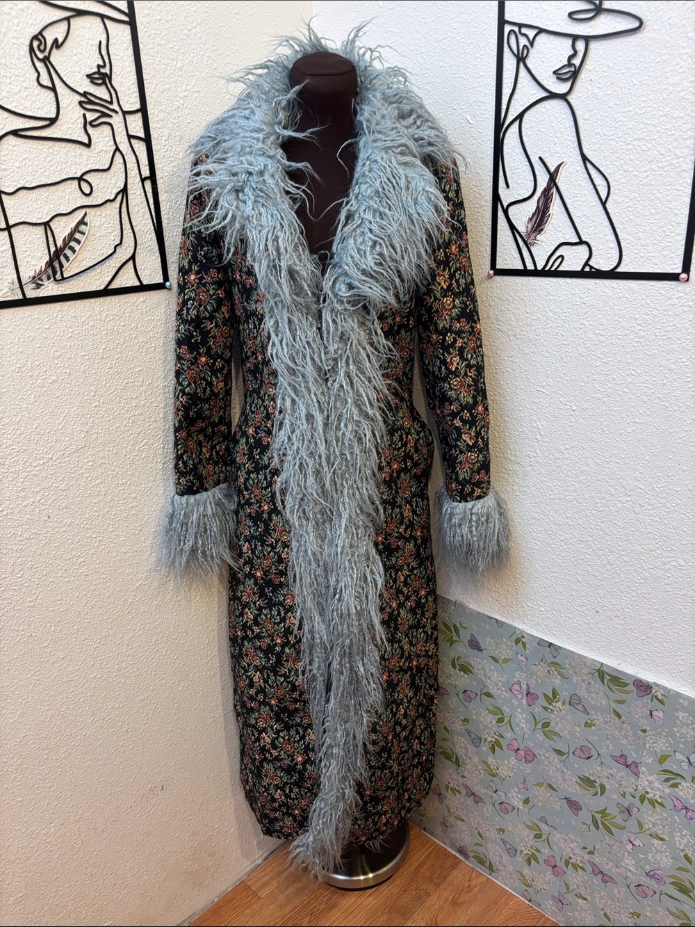 Dolls Kill black multicolor floral jacquard faux fur blue trim maxi coat. Size M